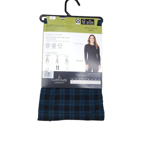 Cuddl Duds Womens Long Sleeve Crew Ultra-Soft Modal Stretch Layer L Green Plaid - Picture 10 of 10